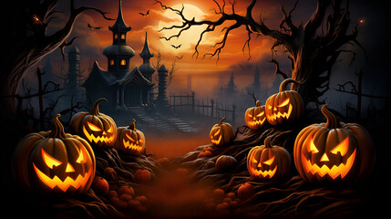 Halloween background with jack o lantern pumpkin and haunted castle Halloween concept
