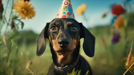 Outdoor Birthday Celebration with Dachshund Dog Wearing Party Hat