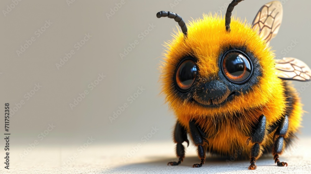 Wall mural  a close up of a yellow and black bee on a white surface with a light gray wall in the background.