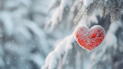 Winter's Embrace: Red Heart Toy Hangs on Snow-Covered Fir Branch in Christmas Forest