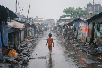 Poignant image of a child navigating a waterlogged slum street, showcasing resilience amidst urban poverty. - obrazy, fototapety, plakaty