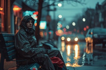 Obraz premium Lonely man on bench in rainy cityscape at twilight, reflective urban solitude.