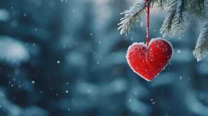 Fototapeta premium Winter's Embrace: Red Heart Toy Hangs on Snow-Covered Fir Branch in Christmas Forest