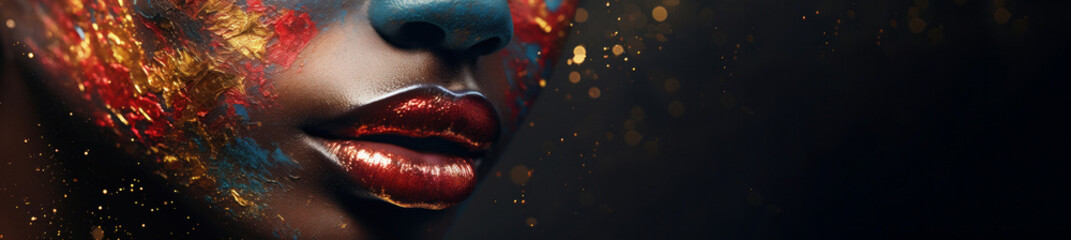 Women's lips in gold and red paint on a black background.