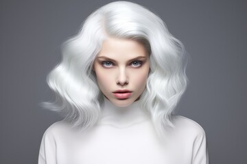 Fototapeta premium This striking image features the close-up portrait of a woman with mesmerizing white hair and captivating blue eyes, Glossy groomed white hair coiffure, AI Generated