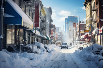 Snowy winter city street. AI generative