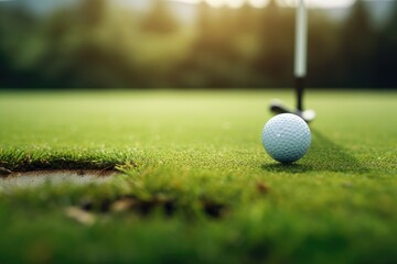 A golf ball rests gracefully on top of a vibrant green field, combining the thrill of the sport with the beauty of nature, golf player putting golf ball into hole, AI Generated