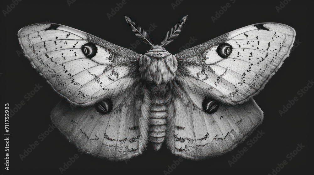 Wall mural a black and white photo of a moth with large wings and a long, thin body of feathers on it's wings.