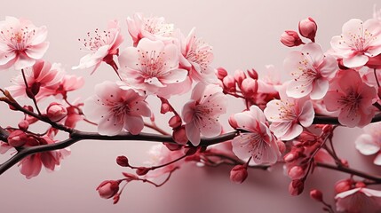 Fototapeta na wymiar Realistic cherry blossom branch in spring with Watercolor pink sakura flower and leaves background