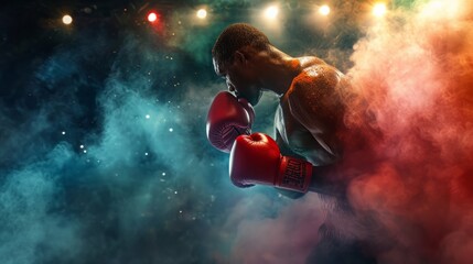 Intense boxer poised in ring with dramatic lighting and smoke. Perfect for sports and motivation themes.