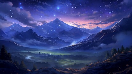 A mountainous terrain under a blanket of stars, featuring a peaceful nighttime setting with twinkling constellations and a clear night sky. - Generative AI