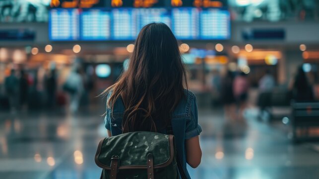 Back view of young woman in international airport, checking flight at the flight information board, Tourist journey trip concept, generative ai