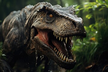 Fototapeta premium An image of Dinosaur lizzard tyrannosaur rex in the jungle open mouth Generative AI