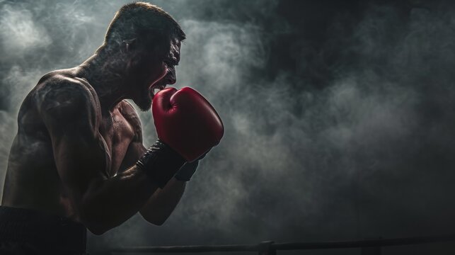 Intense boxer ready to fight, silhouetted in smoke and dramatic lighting. Ideal for sports and motivation themes.