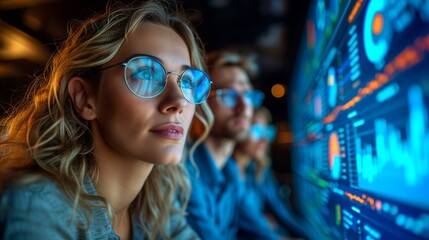 Focused professionals analyzing data on computer screens in modern office