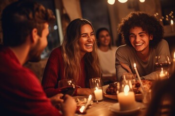 A diverse group of individuals gathered together, seated around a table adorned with flickering candles, Group of emotional young people enjoying dinner party with friends, AI Generated