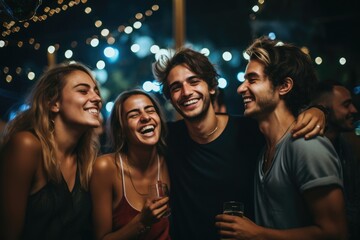 Fototapeta premium A close-knit group of friends savoring the joyous atmosphere at a lively party, sharing infectious laughter and creating unforgettable memories, Group of friends during a party, AI Generated