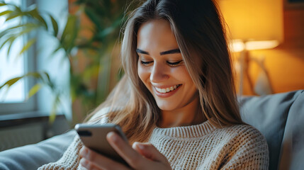 Smiling young beauty white woman at home relaxed texting using mobile phone, technology communication concept - obrazy, fototapety, plakaty