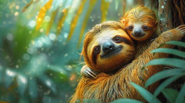  two - toed sloth hanging on a tree in the jungle with it's head on the back of another sloth.