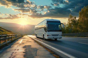 Obraz premium White travel bus on a beautiful highway. AI generated