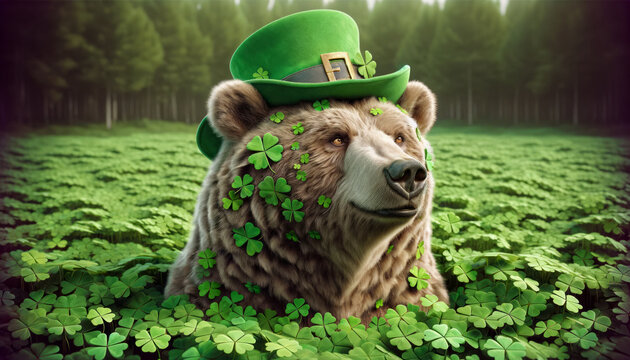 bear the stock market mascot leprechauns wearing a green cylinder on saint patrick's day