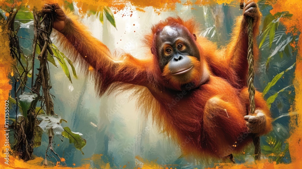 Wall mural  an orangutan hanging from a tree branch in a jungle with a yellow frame around it's neck. - Wall murals