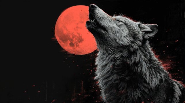  a painting of a wolf looking up at a red moon in the night sky with blood splatters on it.