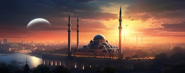 Ramadan Kareem religious scene with mosque in the distance Generative Ai