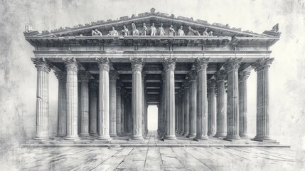  a black and white photo of a building with columns and people standing on the top of the building and on the bottom of the building.