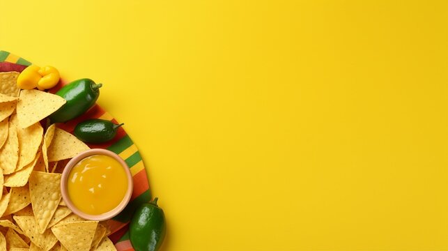 Isolated Top View Photo of Popular Cinco de Mayo Elements – Nacho Chips, Salsa Sauce, Maracas, and Sombrero on a Vivid Yellow Background for Microstock Sales