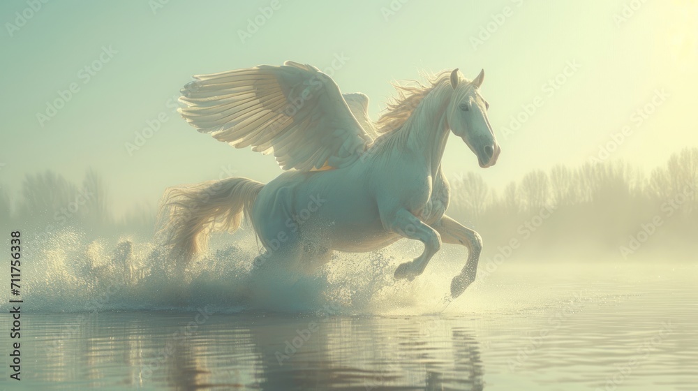 Poster  a white horse running through a body of water with wings spread out of it's back, with trees in the background.