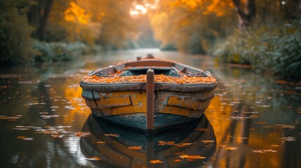 Old wooden rowboat covered in autumn leaves on a tranquil river
