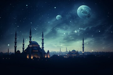 Fototapeta premium Ramadan Kareem religious scene with mosque in the distance Generative Ai