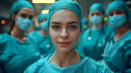 Confident female surgeon with medical team in hospital operating room
