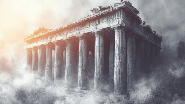  a digital painting of an ancient greek temple in the midst of a cloud of smoke and smoggy skies.