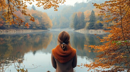 Fototapeta premium Woman with her back to the camera, looking out over a calm lake surrounded by autumn foliage generative ai