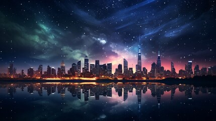 Fototapeta premium A nighttime view of a city skyline with glittering lights against the dark sky, highlighting the urban beauty under the stars - Generative AI