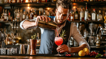 Bartender is pouring a cocktail into a glass - obrazy, fototapety, plakaty