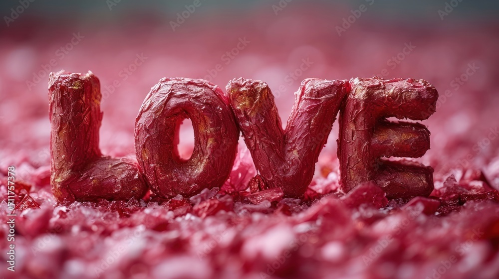 Wall mural a close up of the word love spelled out of wax paper on a bed of cranberry colored crumbs.