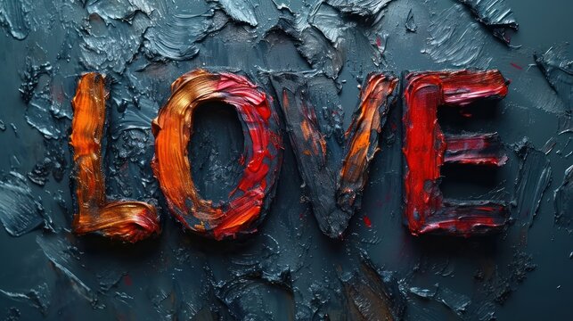  a close up of the word love painted in red and orange on a black background with drops of water on it.