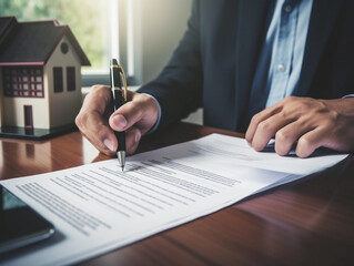 Sign the documents, Easy terms of payment and low interest rate for purchasing property, Real estate agent talked about the terms of the home purchase agreement, Home sales and insurance concept 