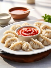 Plate of dumplings with tomato sauce.