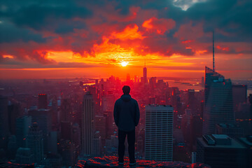 a lone figure standing on a rooftop in a sunset city