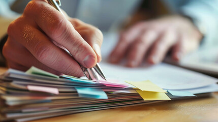 Close-up view of a person's hand holding a pen over a pile of paperwork, indicating they are working, signing documents, or reviewing files.