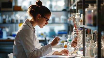 Young woman, likely a medical student, studying or taking notes from a clipboard while a detailed anatomical model of the human body is in the foreground. - obrazy, fototapety, plakaty