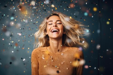 A woman bursts into laughter as colorful confetti falls all around her, creating a moment of pure joy and celebration, Happy beautiful cheering woman covered by confetti, AI Generated