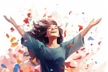 A joyful woman expressing excitement and success by raising her arms up in the air, Happy beautiful cheering woman covered by confetti, AI Generated - obrazy, fototapety, plakaty
