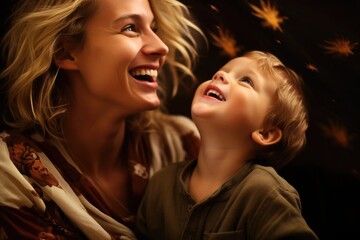 Woman and Child Sharing Joyful Laughter Together in Heartwarming Moment, Happy blonde toddler boy looks up at mother holding newborn baby girl, AI Generated
