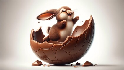 Chubby Bunny's Joyful Emergence from Chocolate Egg - obrazy, fototapety, plakaty
