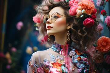 modern japanese woman with glasses and flowers - obrazy, fototapety, plakaty